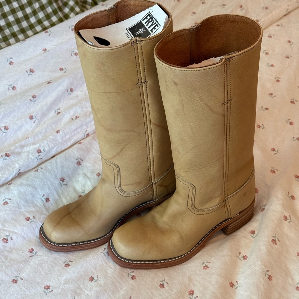 Frye Tan Leather Knee-High Heeled Boots - Picture 2 of 5